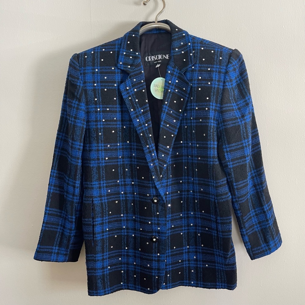 VTG 80s Criscione New York Blue & Black Plaid Wool Blazer w/ Rhinestones